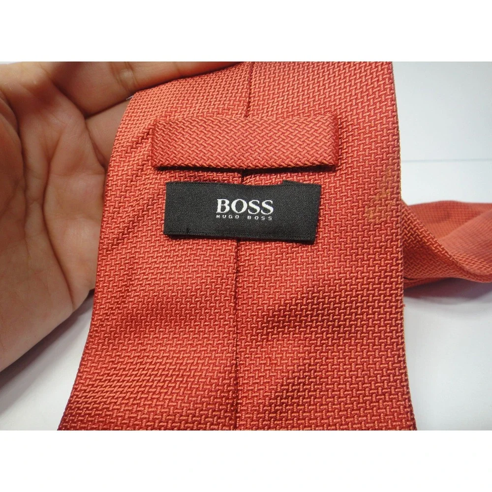 Hugo Boss Men Burnt Orange Silk Micro-Basketweave Texture Necktie Made in Italy